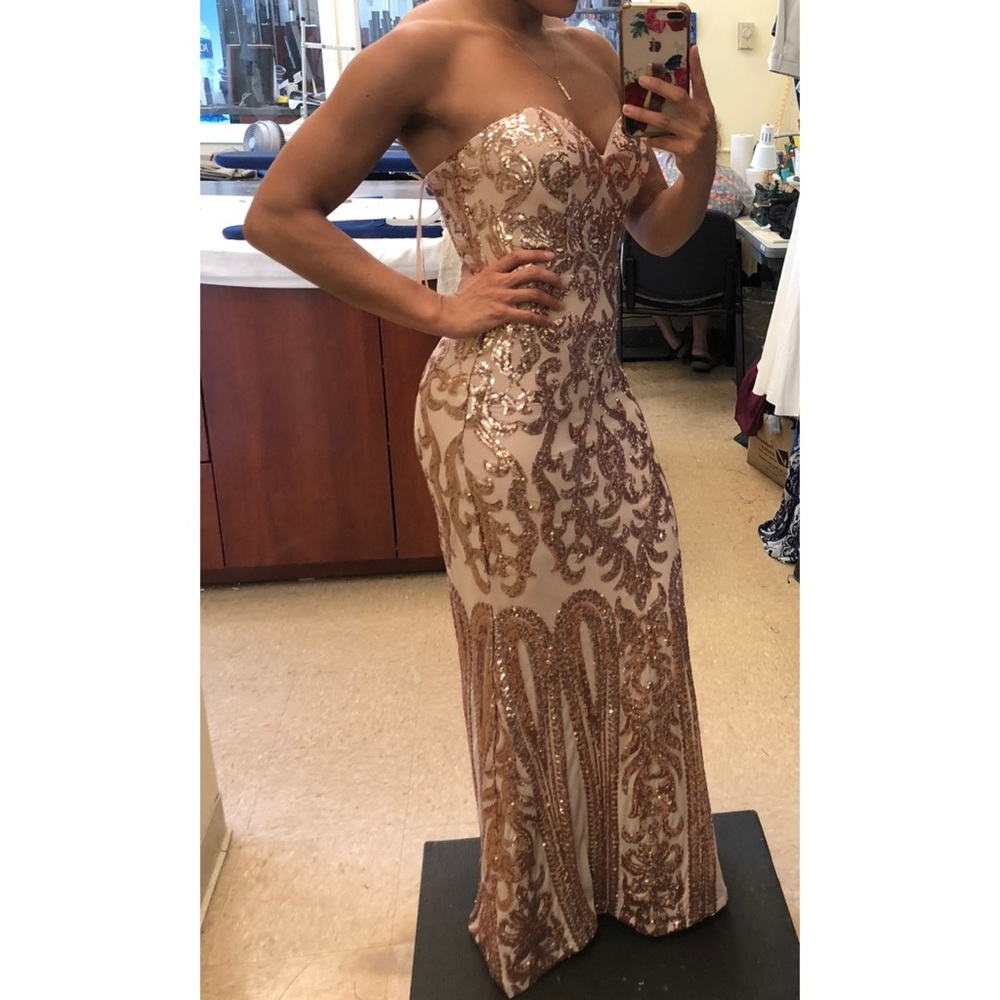 Bariano Rebecca Rose Gold Strapless Sequin Maxi Dress - Picture 9 of 10